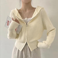 Cora Casual Knit Cardigan with Zip Front and Hood in Apricot
