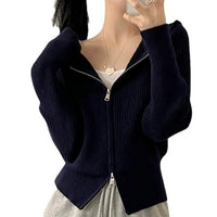 Cora Casual Knit Cardigan with Zip Front and Hood in Black