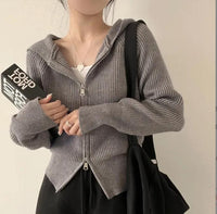Cora Casual Knit Cardigan with Zip Front and Hood in Grey