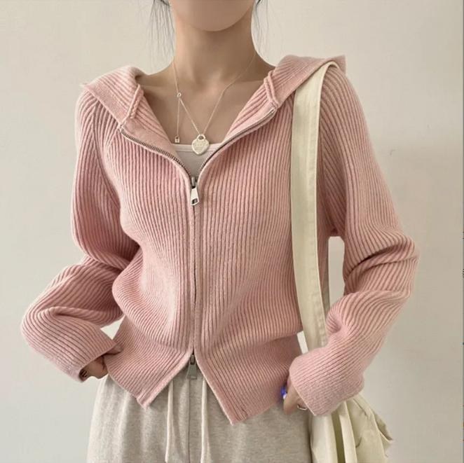 Cora Casual Knit Cardigan with Zip Front and Hood in Pink