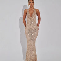 Cora Elegant Evening Dress with V-Neck in Gold