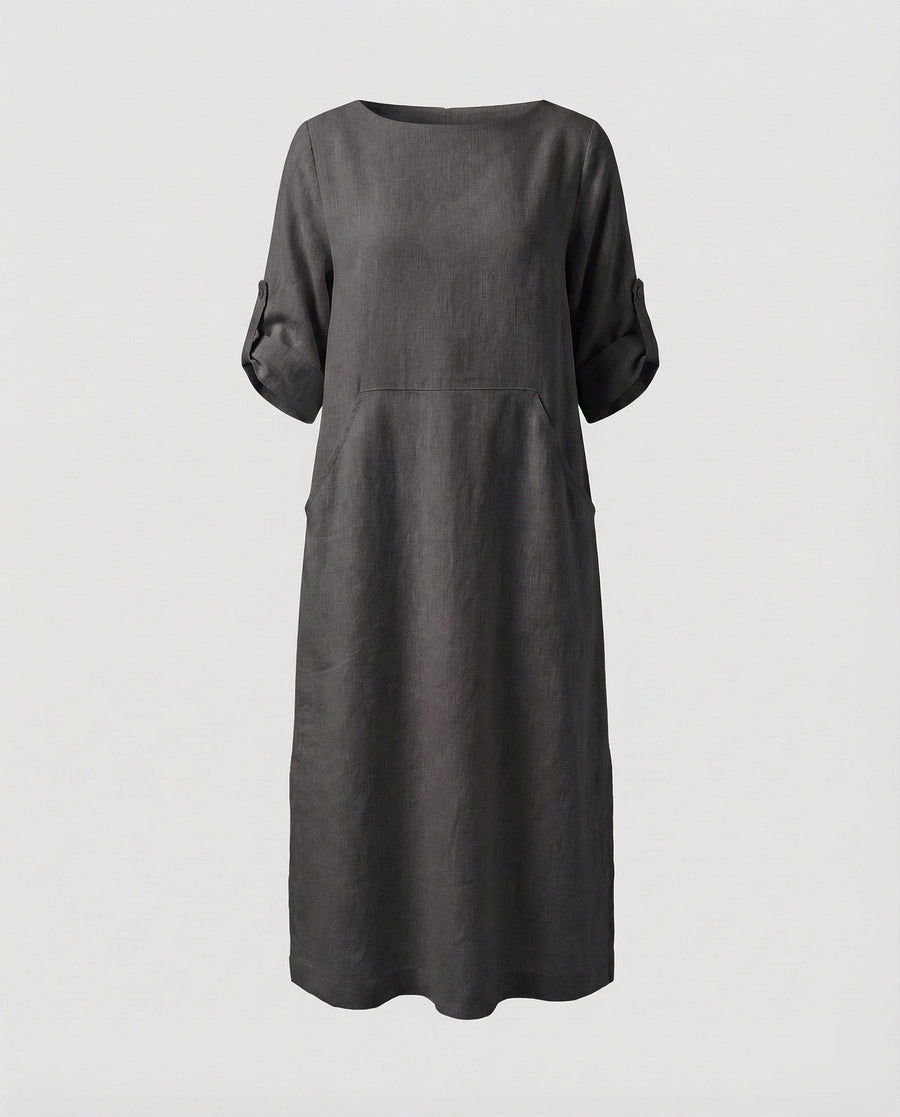 Cora Linen Blend Midi Dress in Black