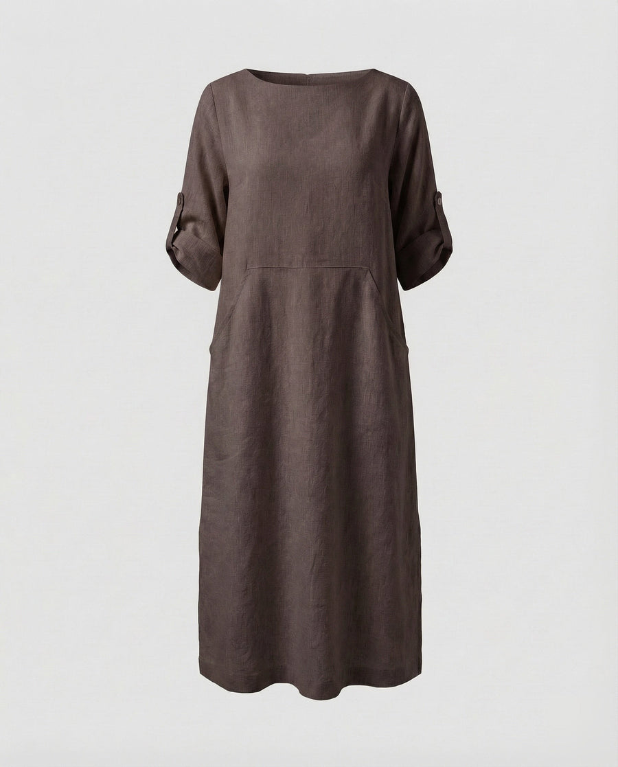 Cora Linen Blend Midi Dress in Brown