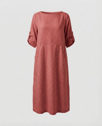 Cora Linen Blend Midi Dress in Dark Red