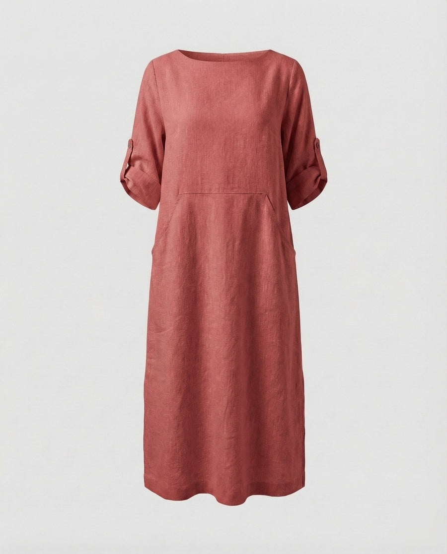 Cora Linen Blend Midi Dress in Dark Red