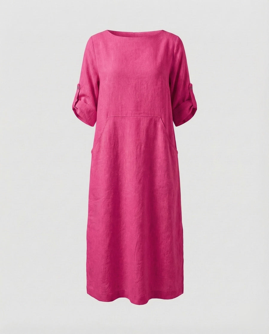 Cora Linen Blend Midi Dress in Magenta