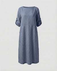 Cora Linen Blend Midi Dress in Navy