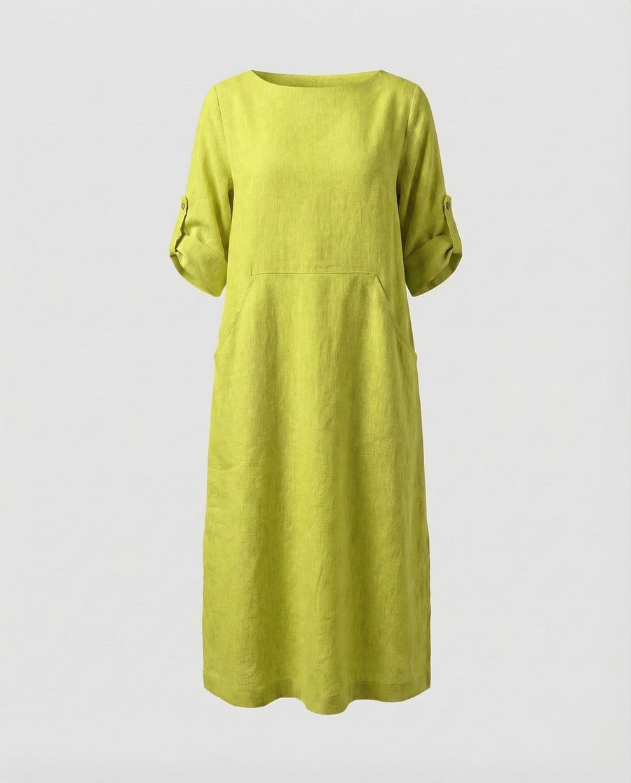 Cora Linen Blend Midi Dress in Yellow