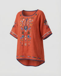 Cora Linen Tunic with Crew Neck in Red