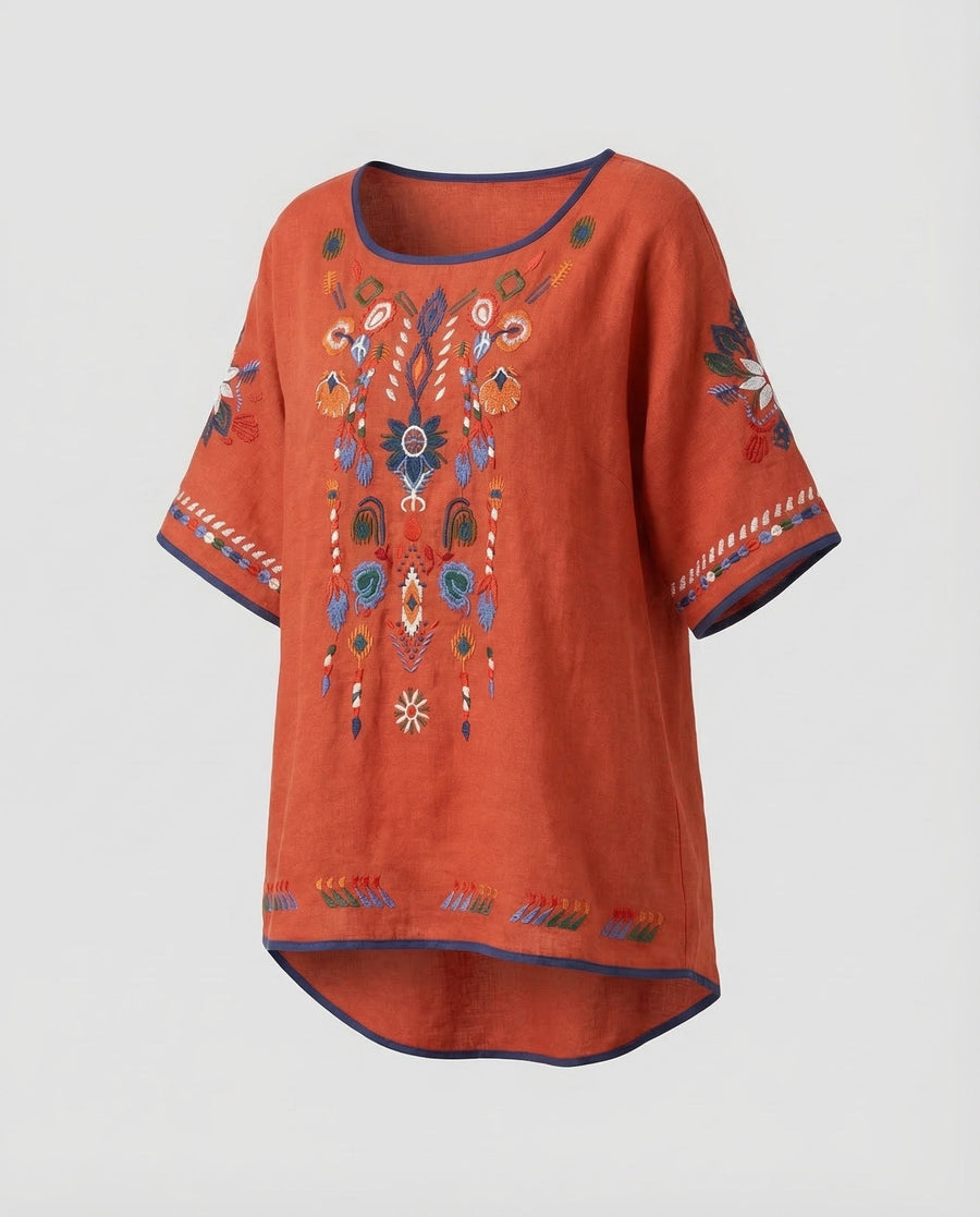 Cora Linen Tunic with Crew Neck in Red