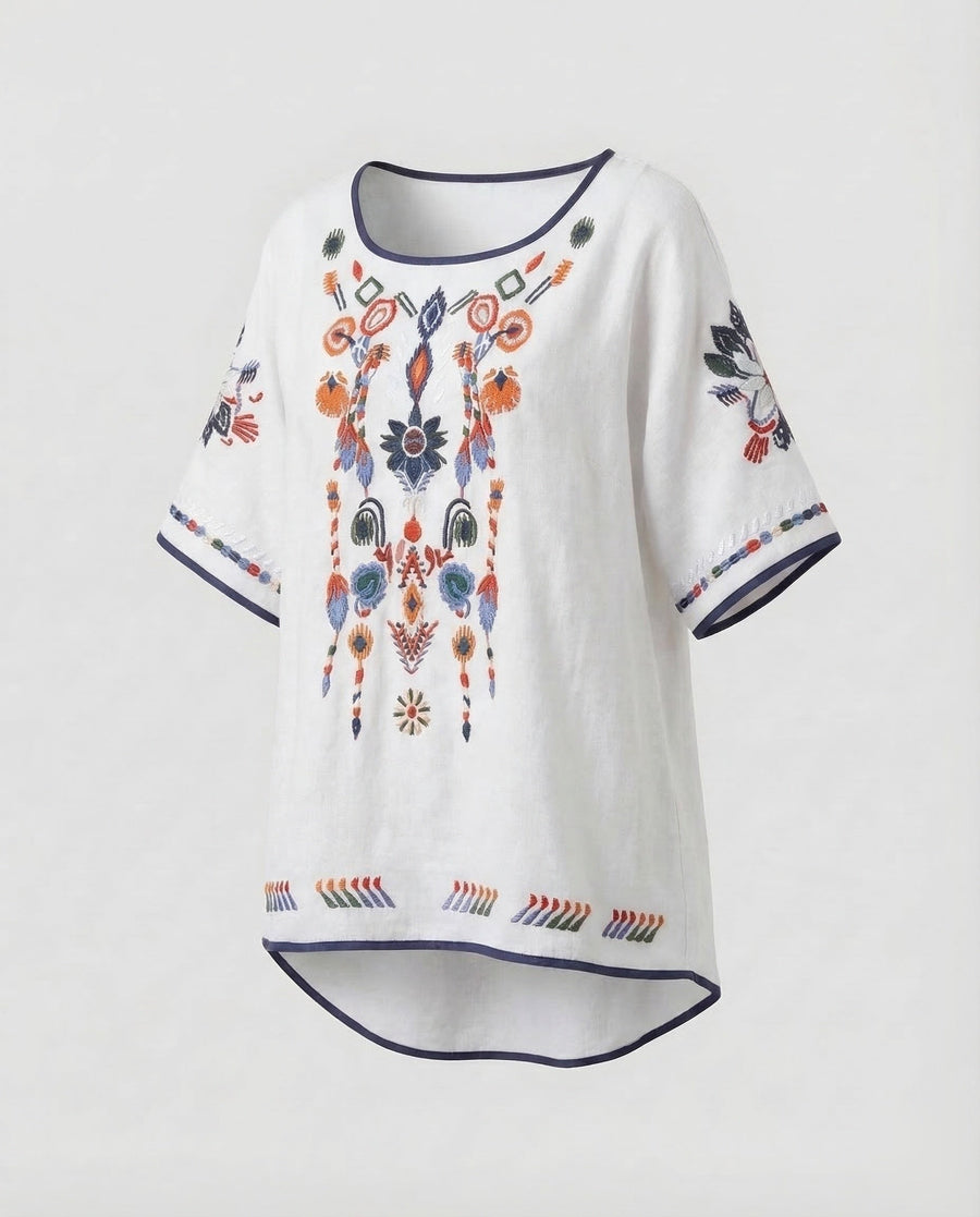 Cora Linen Tunic with Crew Neck in White