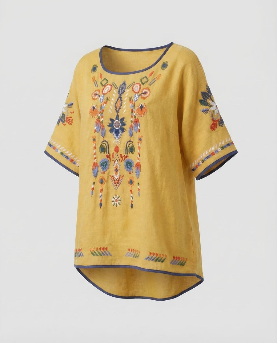 Cora Linen Tunic with Crew Neck in Yellow