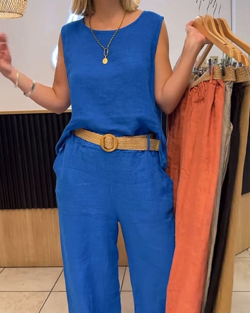 Cora Women's 2 Piece Linen Sleeveless Top and Wide Leg Trousers in Navy Blue