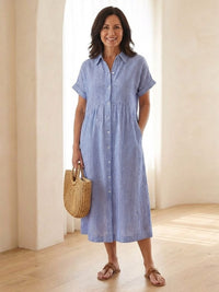 Corabel Women's Striped Button Front Midi Shirt Dress in Light Blue