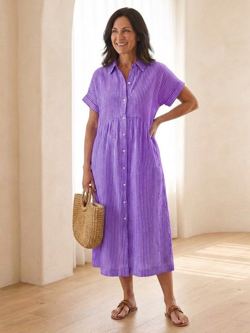 Corabel Women's Striped Button Front Midi Shirt Dress in Purple