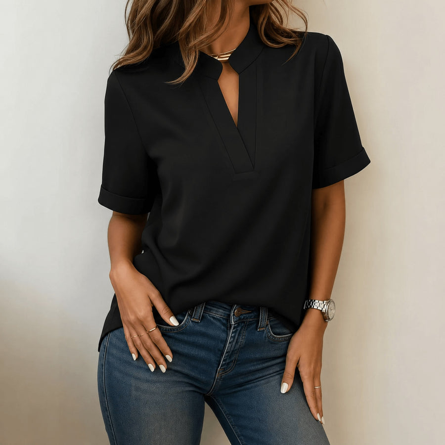 Corabel Women's V-Neck Blouse Short Sleeve Top in Black