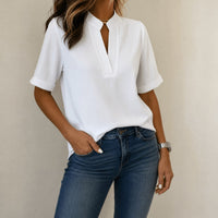 Corabel Women's V-Neck Blouse Short Sleeve Top in White