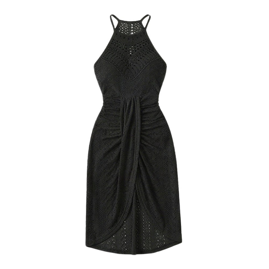 Coralie Women's Black Halter Neck Crochet Midi Dress in Black