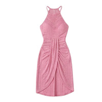 Coralie Women's Black Halter Neck Crochet Midi Dress in Pink