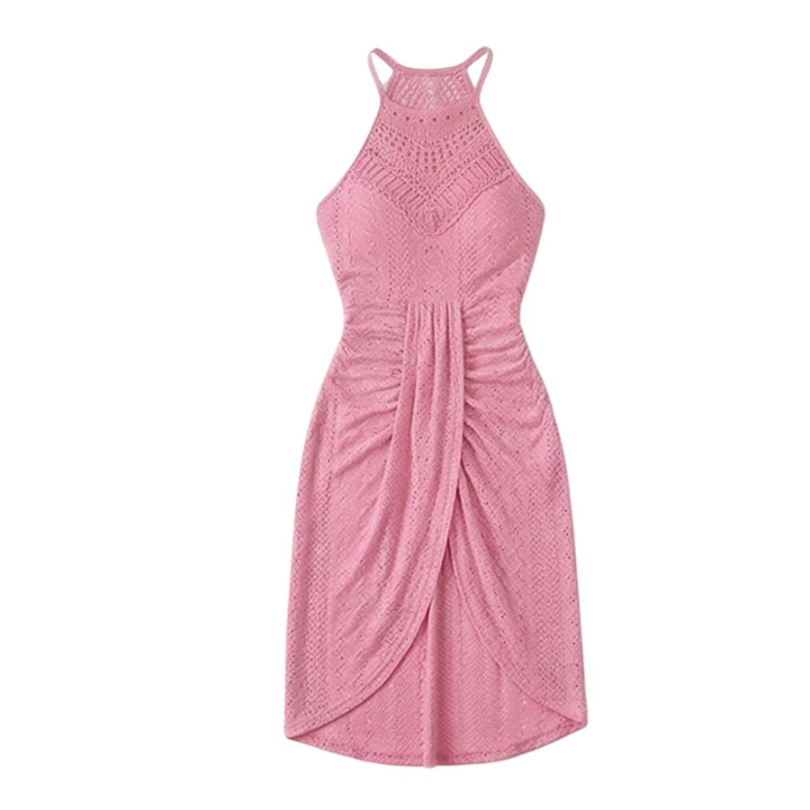 Coralie Women's Black Halter Neck Crochet Midi Dress in Pink
