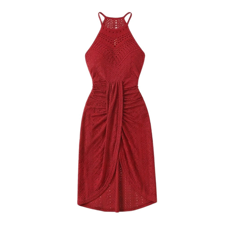 Coralie Women's Black Halter Neck Crochet Midi Dress in Red