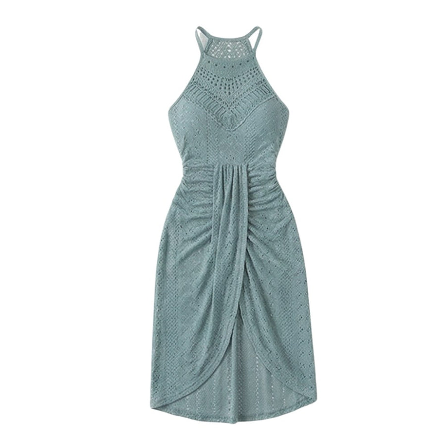 Coralie Women's Black Halter Neck Crochet Midi Dress in Sage