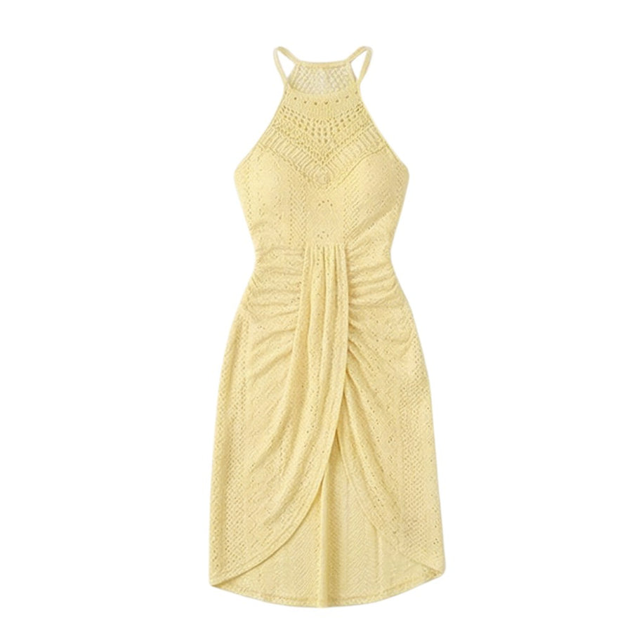 Coralie Women's Black Halter Neck Crochet Midi Dress in Yellow