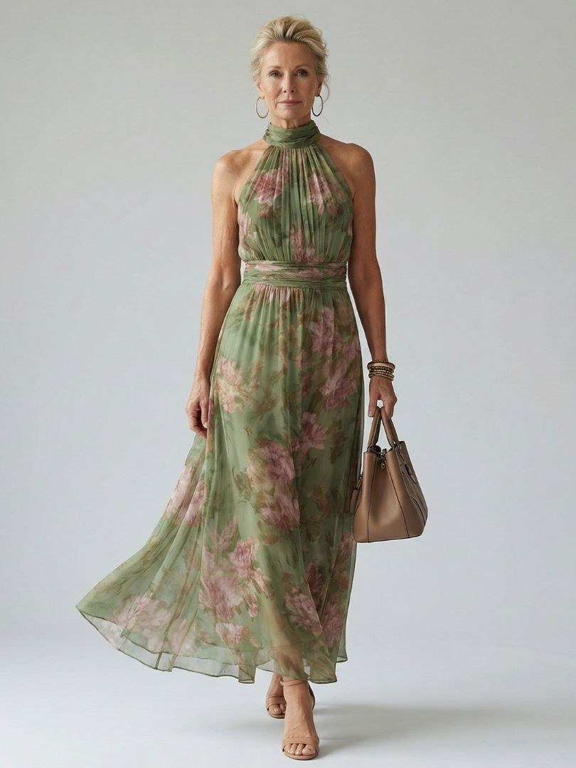 Cordova Women's Floral Halter Neck Midi Dress in Green