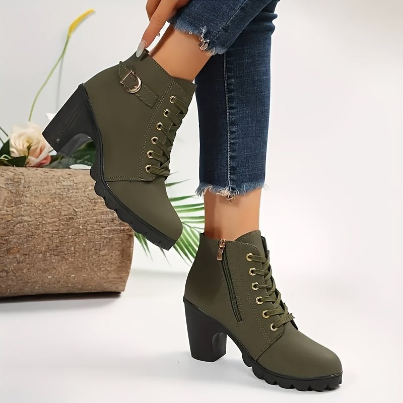 Cordwyn Women's Block Heel Ankle Boots Lace-Up in Green
