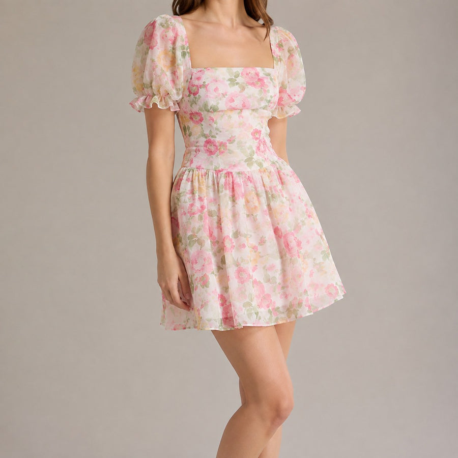 Corinda Women's Floral Mini Dress Puff Sleeve in Floral