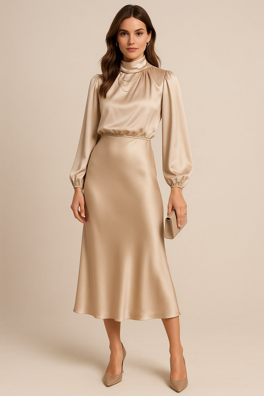 Corvaine Women's Long Sleeve Formal Midi Dress in Apricot