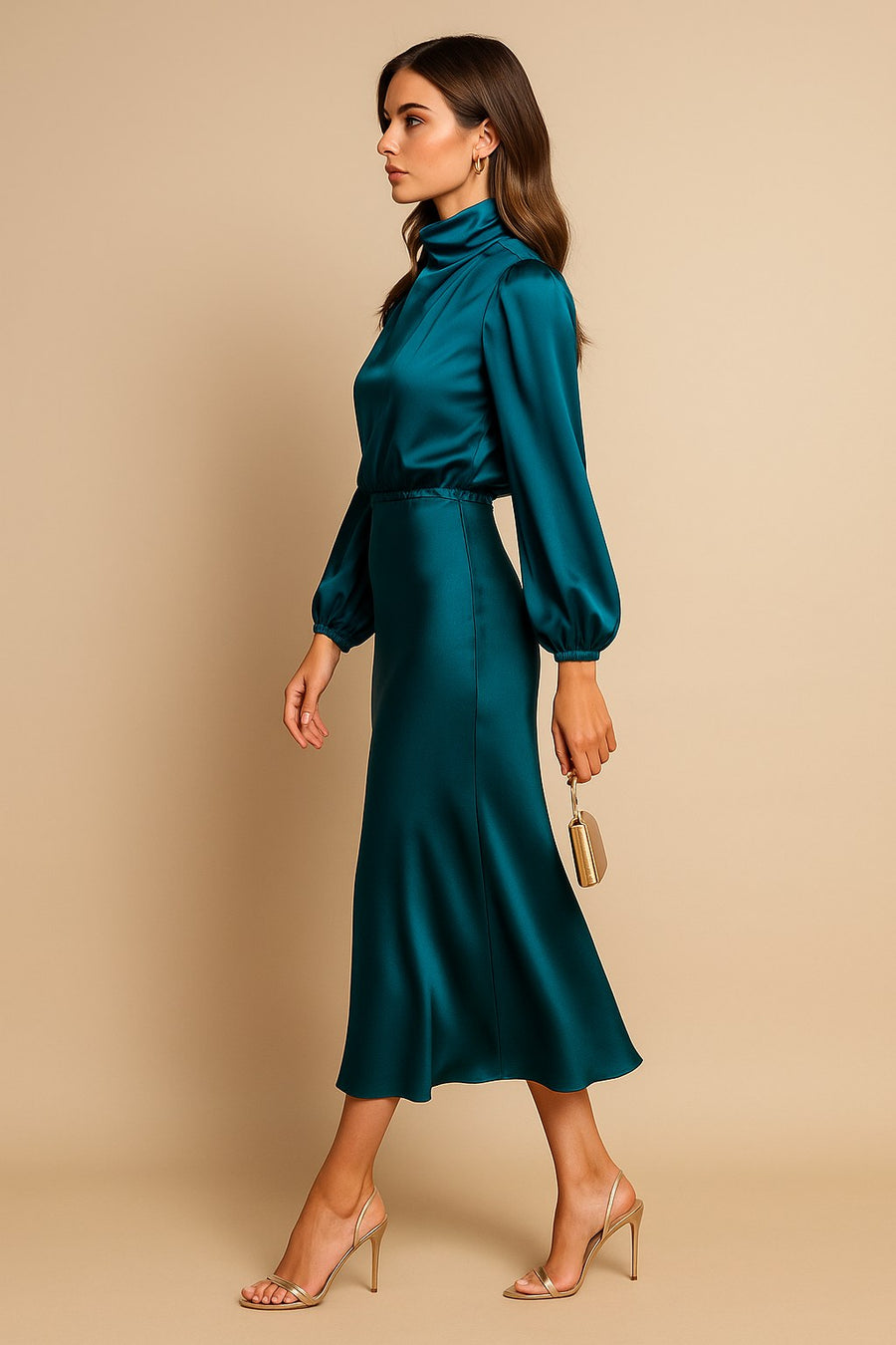 Corvaine Women's Long Sleeve Formal Midi Dress in Blue