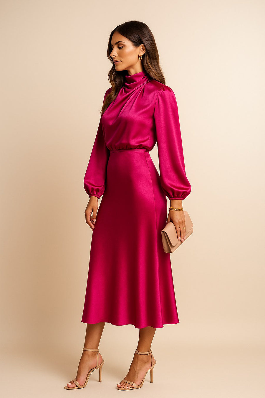 Corvaine Women's Long Sleeve Formal Midi Dress in Pink