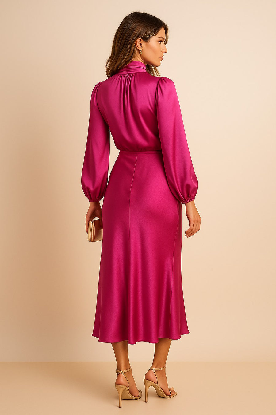 Corvaine Women's Long Sleeve Formal Midi Dress in Pink