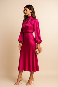 Corvaine Women's Long Sleeve Formal Midi Dress in Pink