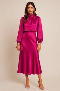 Corvaine Women's Long Sleeve Formal Midi Dress in Pink