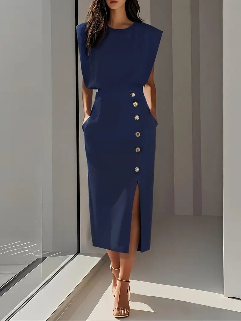 Corvalle Women's Formal Midi Dress with Side Slit in Navy Blue