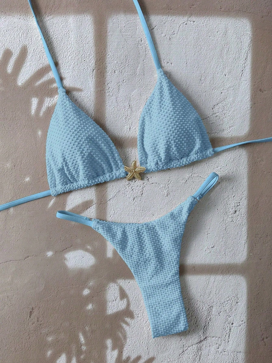 Corven Women's Bikini Set Triangle Top Thong in Light Blue