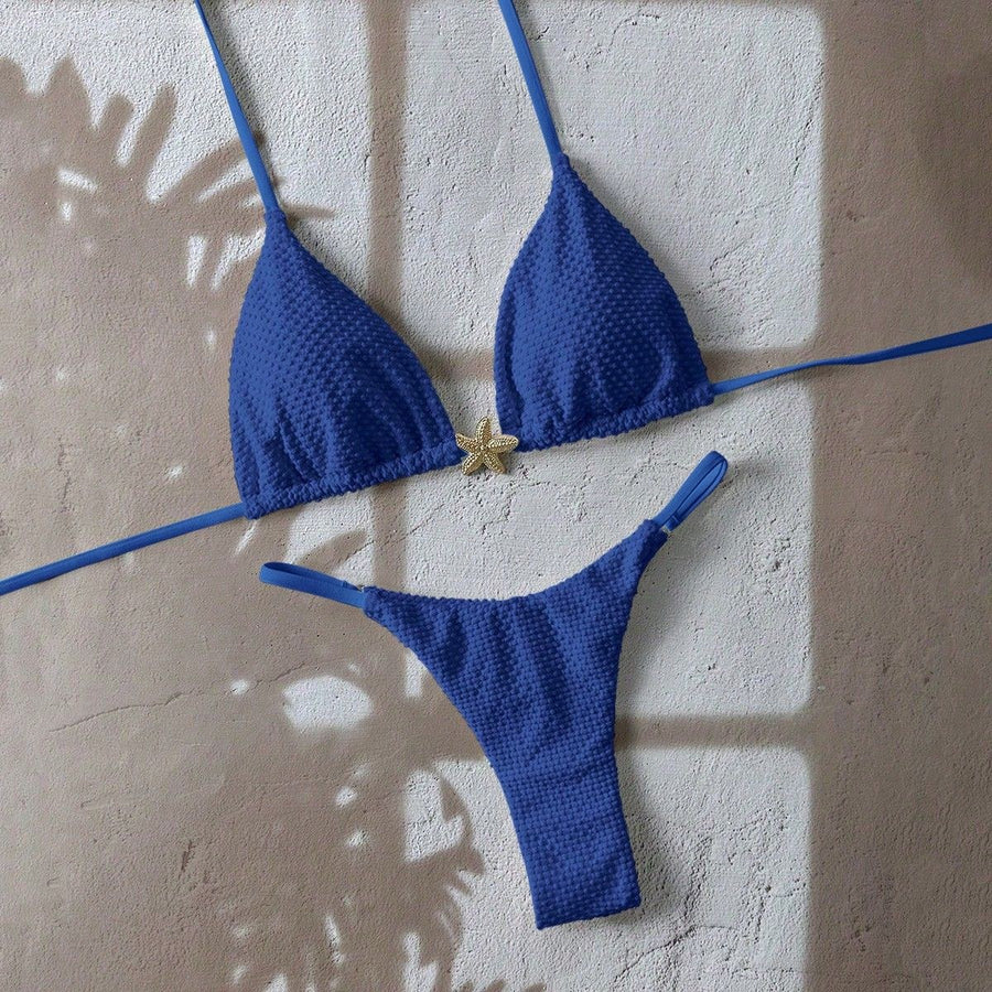 Corven Women's Bikini Set Triangle Top Thong in Navy