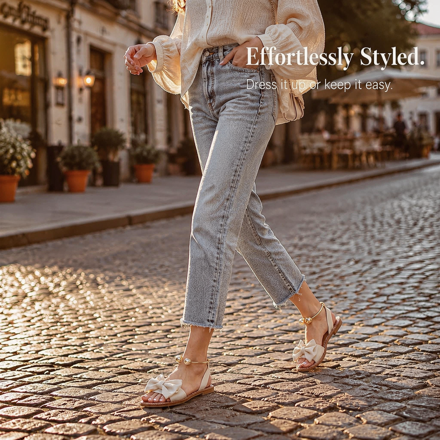 Corwyn | Women's Bow Flat Sandals with Pearl Ankle Cuff