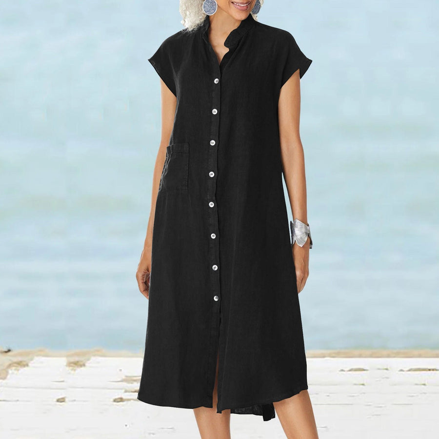 Cosima Casual Linen Shirt Dress with Button Front and Pockets in Black