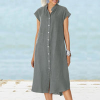 Cosima Casual Linen Shirt Dress with Button Front and Pockets in Grey