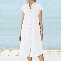Cosima Casual Linen Shirt Dress with Button Front and Pockets in White