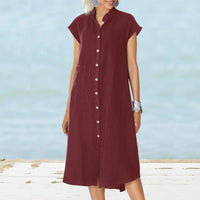 Cosima Casual Linen Shirt Dress with Button Front and Pockets in Wine Red