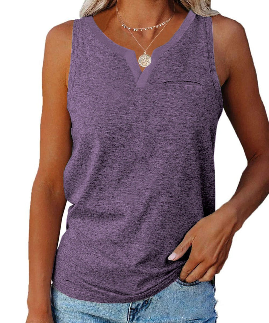 Cosima Casual Top with V-Neck and Chest Pocket in Purple