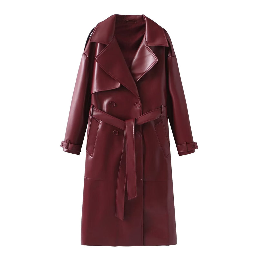 Cosima Leather Trench Coat with Pockets in Wine Red