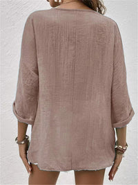 Willow | Cotton V-Neck Button-Front Top Crinkle Texture 3/4 Sleeve