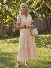 Cressida Women's Pink Eyelet Tiered Midi Dress in Beige