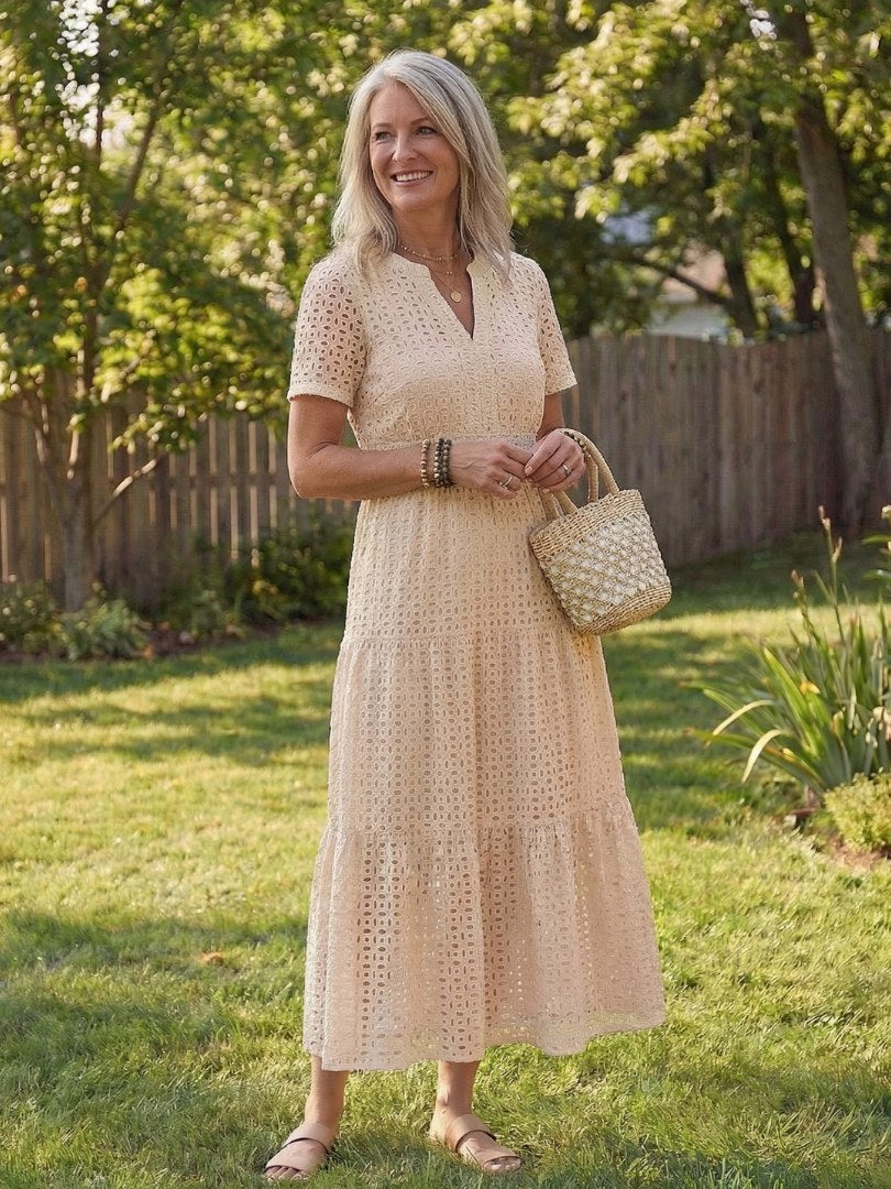Cressida Women's Pink Eyelet Tiered Midi Dress in Beige