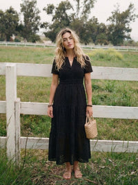 Cressida Women's Pink Eyelet Tiered Midi Dress in Black